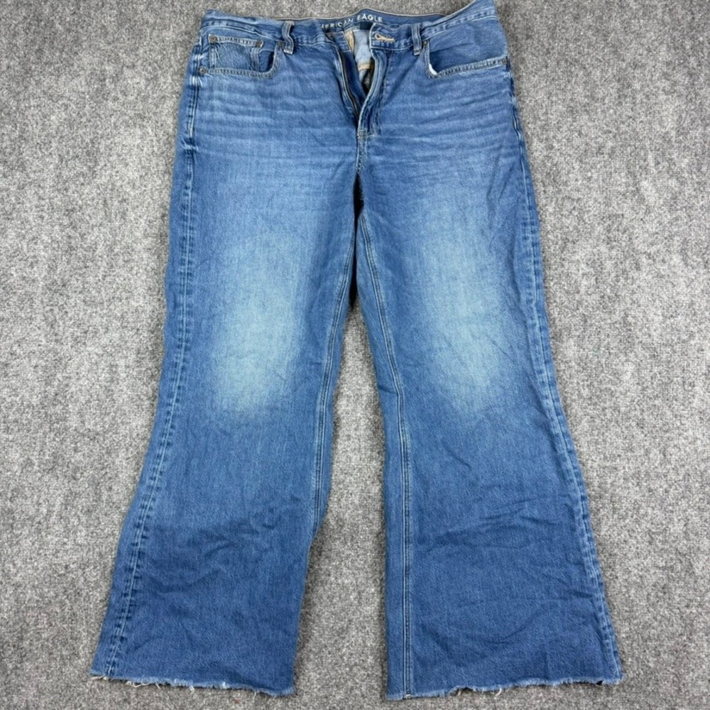 American Eagle Baggy Flare Jeans Womens 12 Short Blue Low Rise Raw Hem